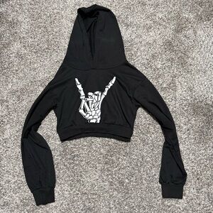 Shein Black Skelton graphic Hand Rock On Cropped Hoodie Size Small